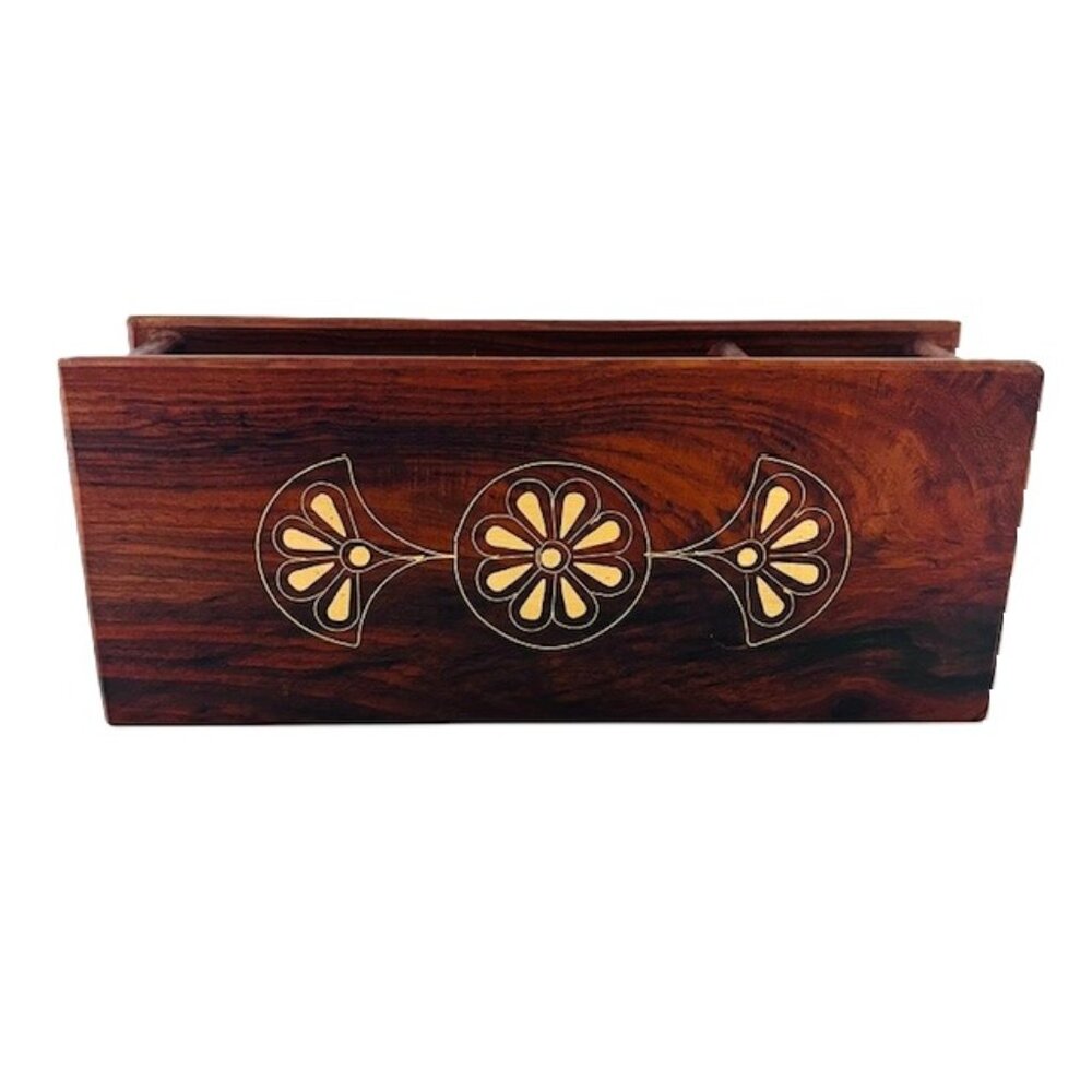 Mid Century Modern Desk Organizer Wood with Brass Metal Inlay Office School Home